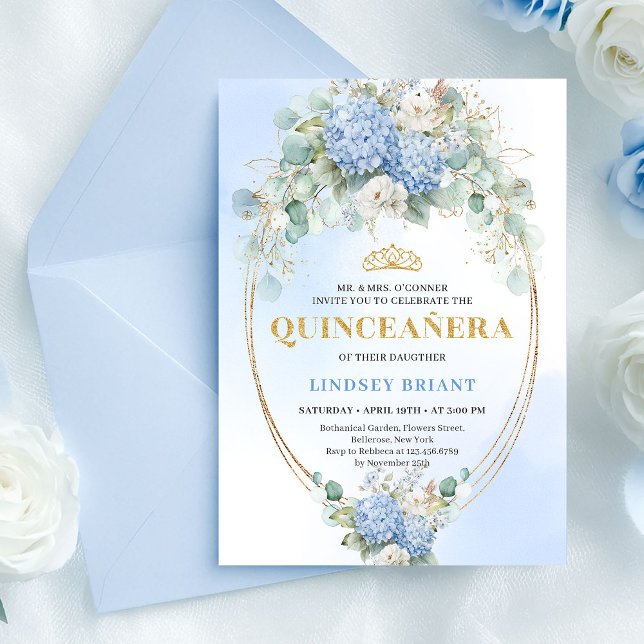 Invitación de cumpleaños número 15 Boho de lujo co (Luxury Blue Flowers Eucalyptus 15th Birthday Invite)