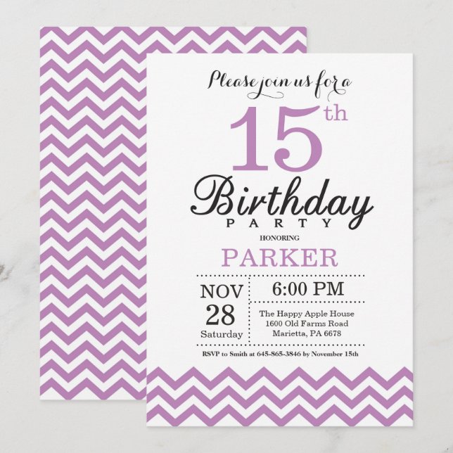 Invitación de cumpleaños número 15 Chevron púrpura (Anverso / Reverso)