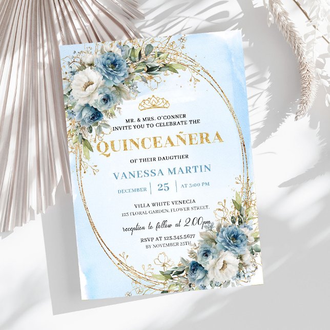 Invitación de cumpleaños número 15 Chic Dusty Blue (Chic Dusty Blue Gold Greenery 15th Birthday Invite)
