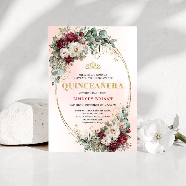 Invitación de cumpleaños número 15 Chic Granate Pe (Chic Maroon Peony Eucalyptus 15th Birthday Invite

)