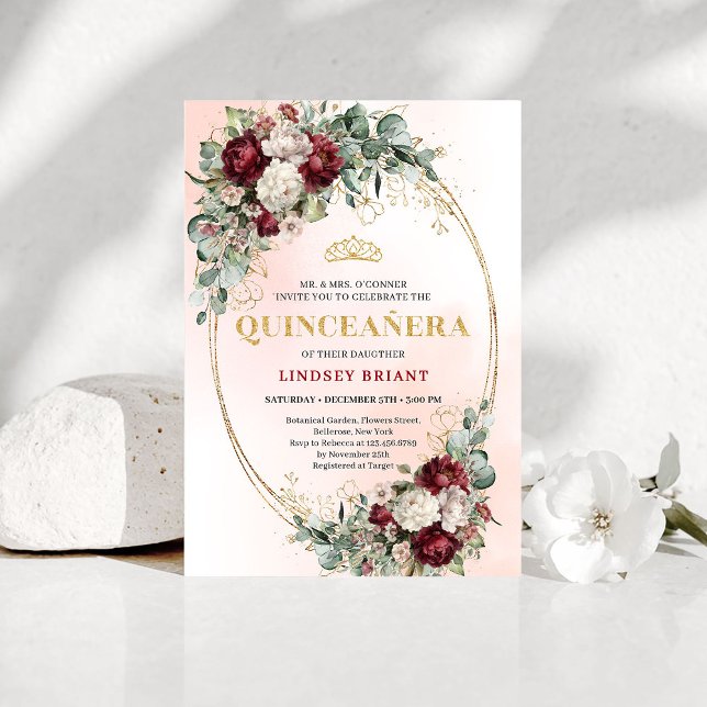 Invitación de cumpleaños número 15 con flores Chic (Chic Boho Marsala Flowers 15th Birthday Invitation)