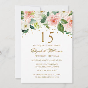 Invitación de cumpleaños número 15 con flores en a