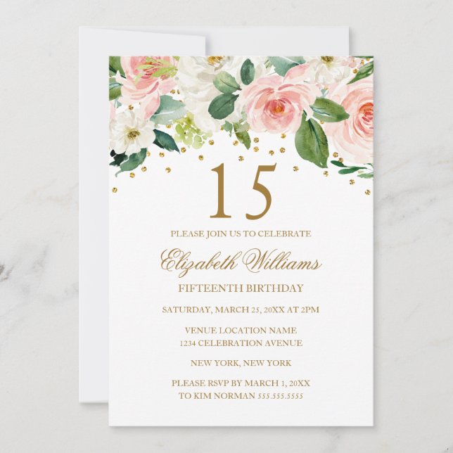 Invitación de cumpleaños número 15 con flores en a (Anverso)