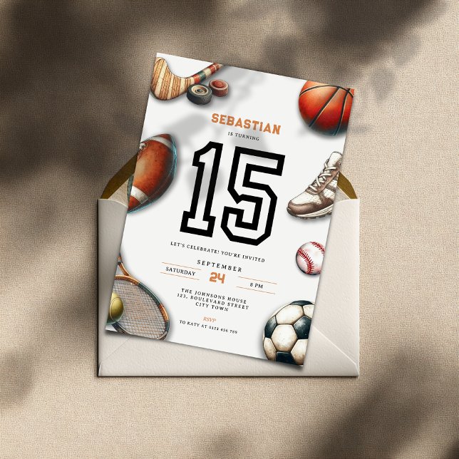 Invitación de cumpleaños número 15 de All Star Spo (All Star Sports 15th birthday invitation for teenager boys)