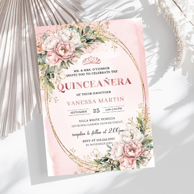 Invitación de cumpleaños número 15 de Floral Rosa  (Dusty Pink Floral Eucalyptus 15th Birthday Invite)