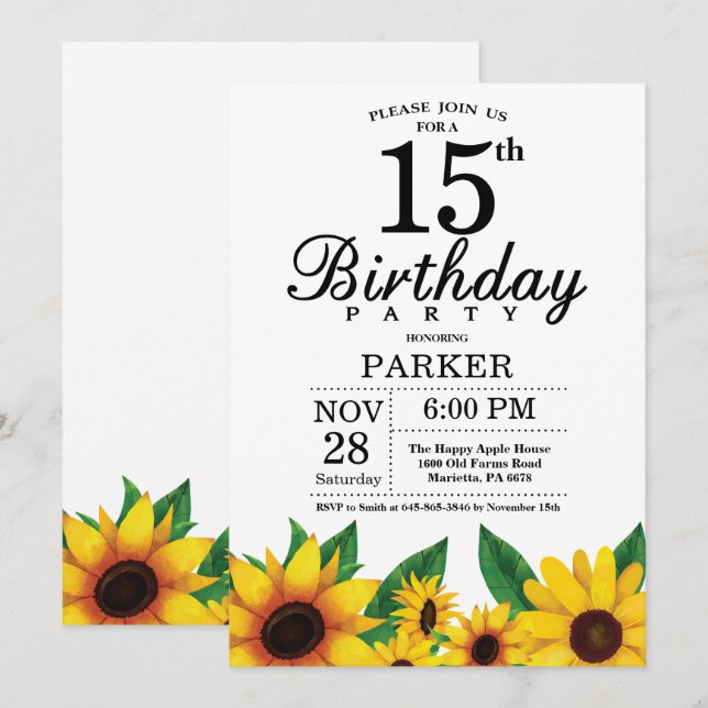 Invitación de cumpleaños número 15 de girasol