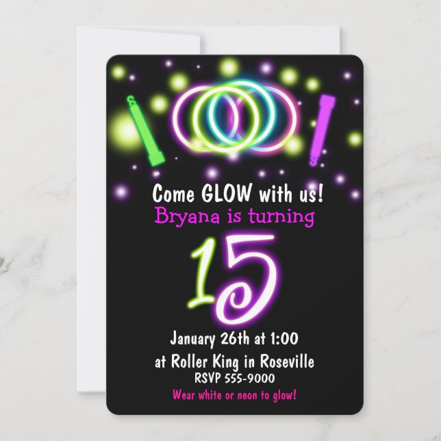 Invitación de cumpleaños número 15 de GLOW Lights  (Anverso)