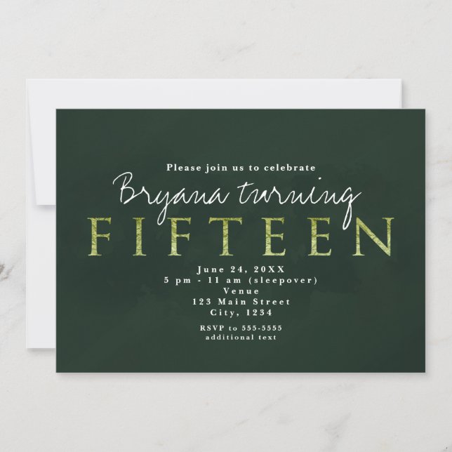 Invitación de cumpleaños número 15 de Green Fiftee (Anverso)
