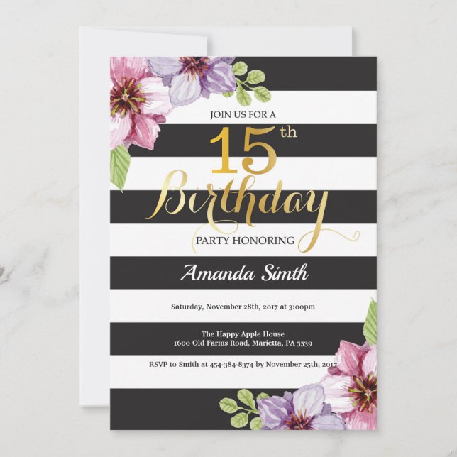 Invitación de cumpleaños número 15 Floral adolesce (Anverso)