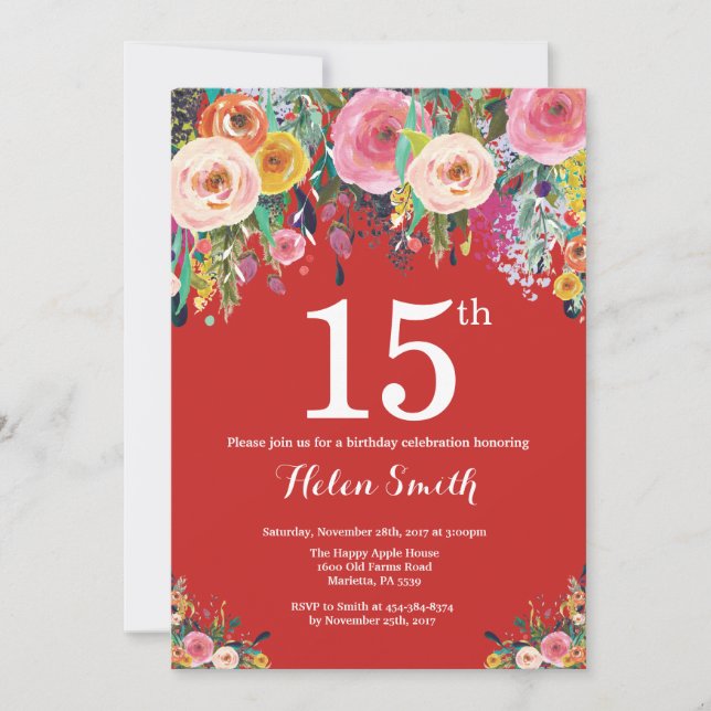 Invitación de cumpleaños número 15 floral roja (Anverso)