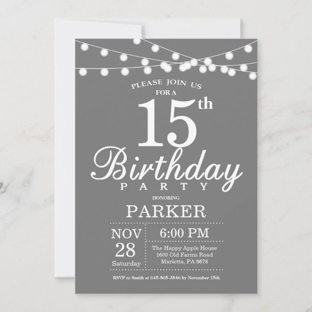 Invitación de cumpleaños número 15 gris y blanco (Anverso)