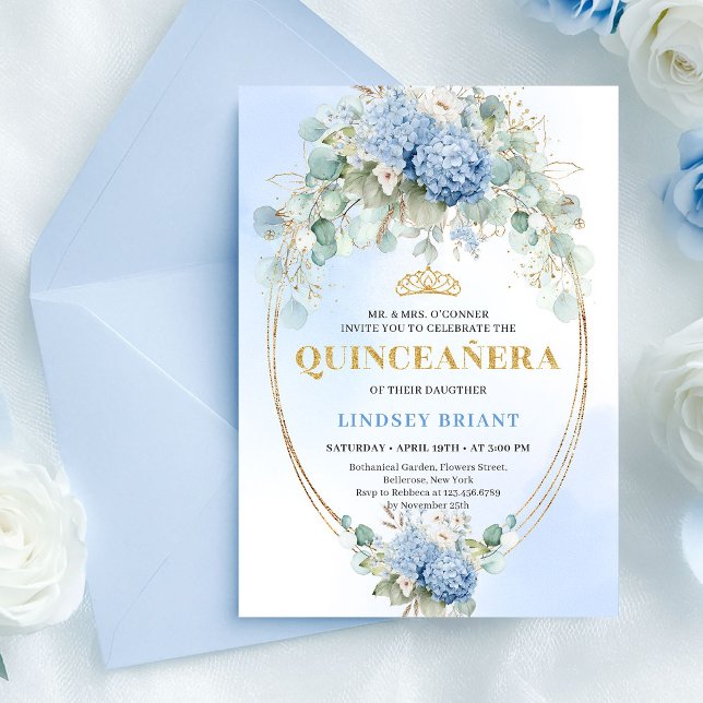 Invitación de cumpleaños número 15 Modern Boho Blu (Modern Boho Blue Floral Gold 15th Birthday Invitation)