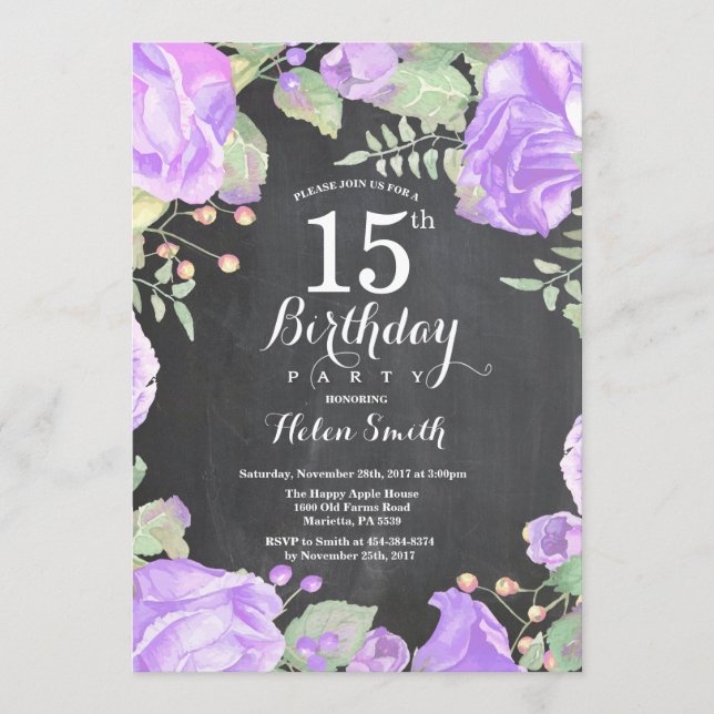 Invitación de cumpleaños número 15 morada floral b (Anverso)