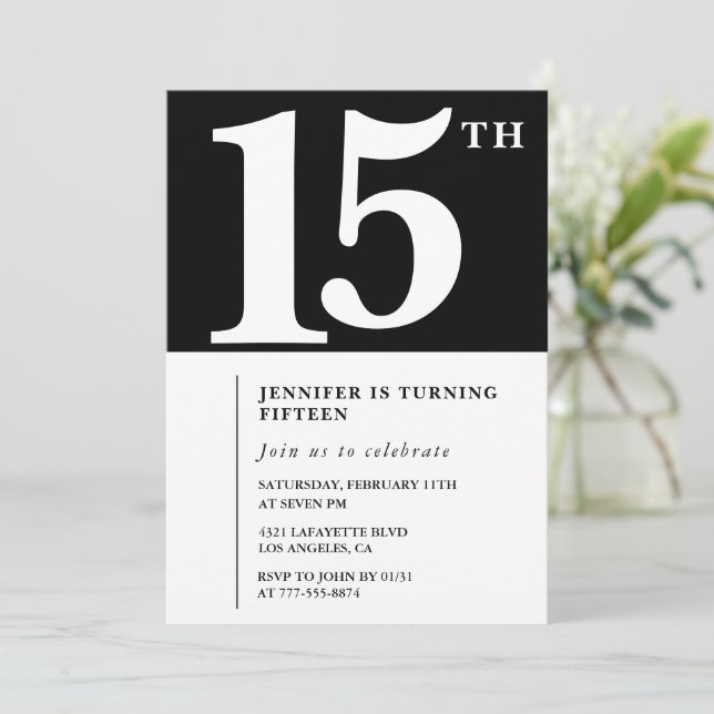 Invitación de cumpleaños número 15 negra Elegante  (Anverso de pie)