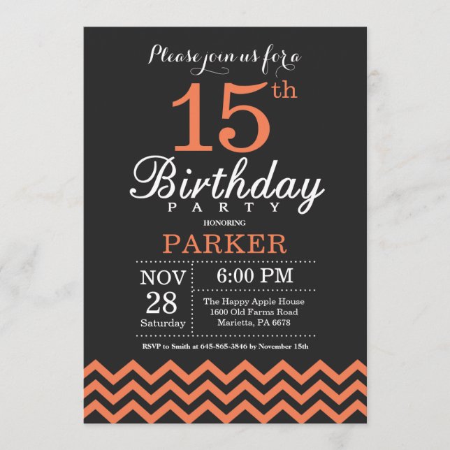 Invitación de cumpleaños número 15 Negra y Chevron (Anverso)