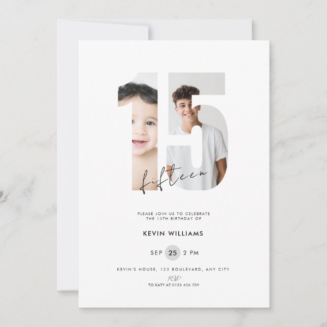 Invitación de cumpleaños número 15 para chicos en  (Anverso)