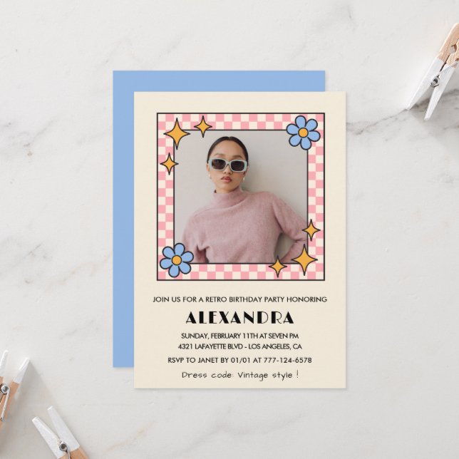 invitación de cumpleaños número 15 Retro Groovy Fl (Anverso/Reverso In Situ)