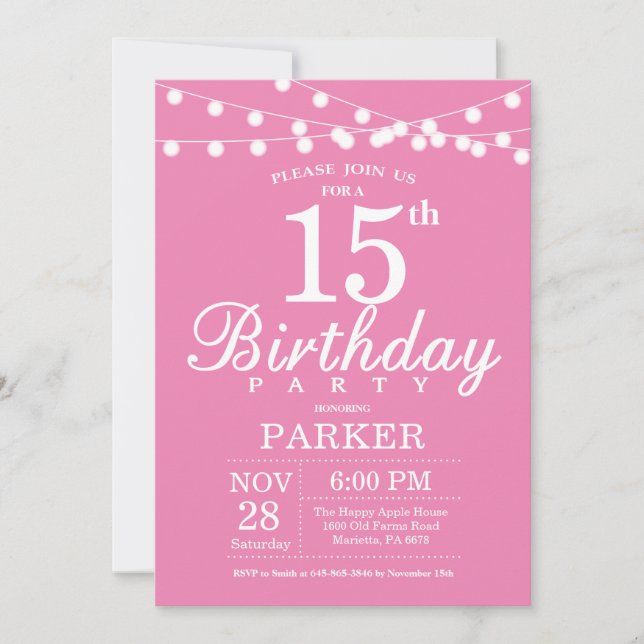 Invitación de cumpleaños número 15 rosa (Anverso)