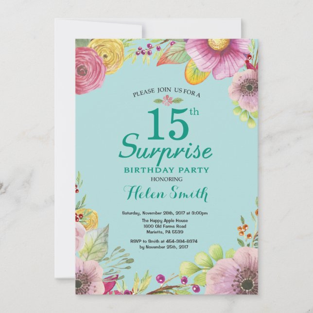 Invitación de cumpleaños número 15 sorpresa floral (Anverso)