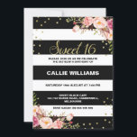 Invitación de cumpleaños número 16 a la Flora Blan<br><div class="desc">¿Busca una invitación audaz de dieciséis o dulces dieciséis años? Este diseño presenta un patrón de rayas blancas y negras, una referencia de oro fino, dos arreglos florales y algunos puntos dorados. La parte trasera de la invitación es negra con un patrón falso de olla de oro. Este diseño es...</div>
