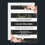 Invitación de cumpleaños número 16 a la Flora Blan<br><div class="desc">¿Busca una invitación audaz de dieciséis o dulces dieciséis años? Este diseño presenta un patrón de rayas blancas y negras, una referencia de oro fino, dos arreglos florales y algunos puntos dorados. La parte trasera de la invitación es negra con un patrón falso de olla de oro. Este diseño es...</div>