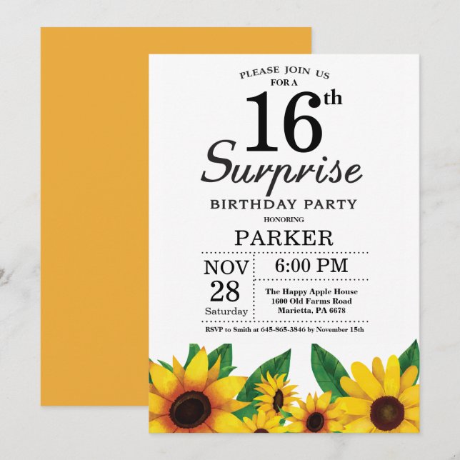 Invitación de cumpleaños número 16 a la sorpresa d (Anverso / Reverso)