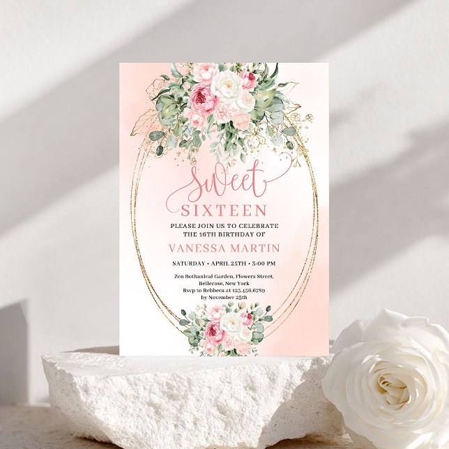 Invitación de cumpleaños número 16 Blush Gold Flor (Blush Gold Floral Sweet 16 Birthday Party Invitation)