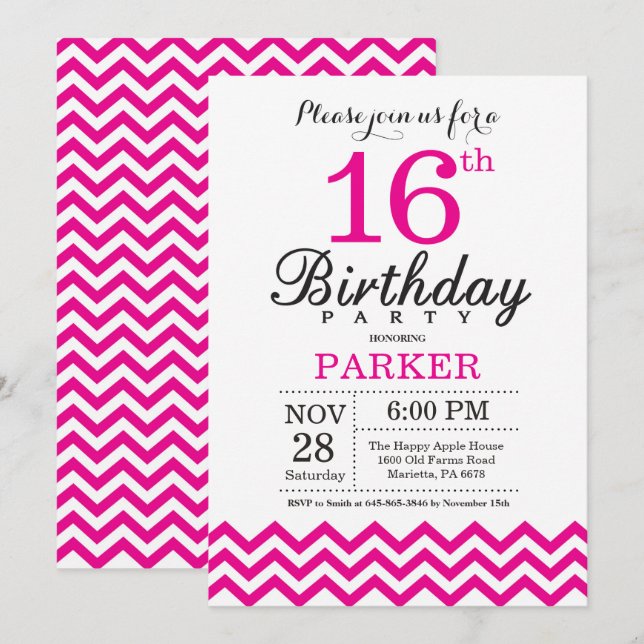 Invitación de cumpleaños número 16 Chevron Rosa Ca (Anverso / Reverso)