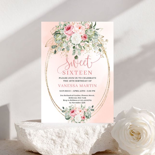 Invitación de cumpleaños número 16 Chic Blush Gold (Chic Blush Gold Roses Sweet 16 Birthday Invitation)