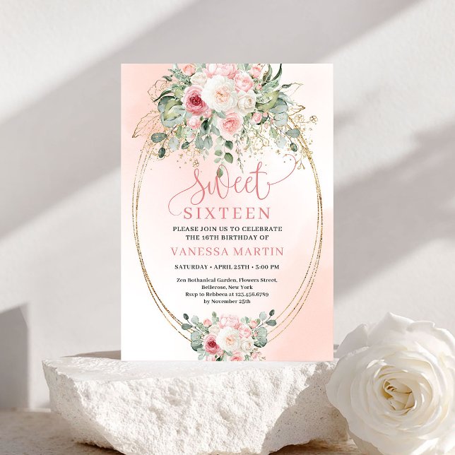 Invitación de cumpleaños número 16 Chic Gold Blush (Chic Gold Blush Roses Sweet 16 Birthday Invitation)