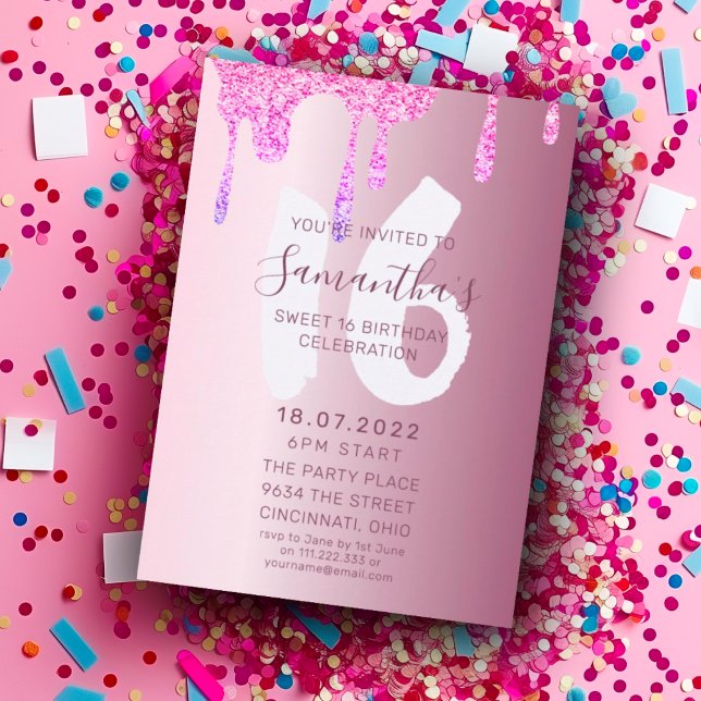 Invitación de cumpleaños número 16 con brillo rosa (Subido por el creador)