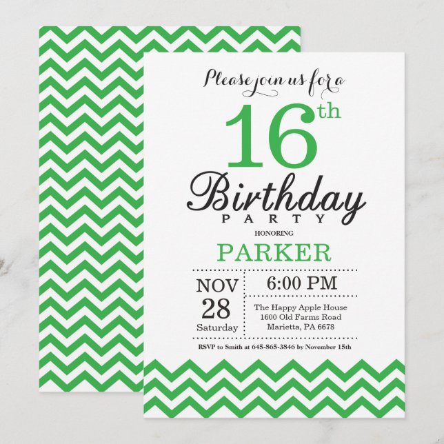 Invitación de cumpleaños número 16 con Chevron ver (Anverso / Reverso)