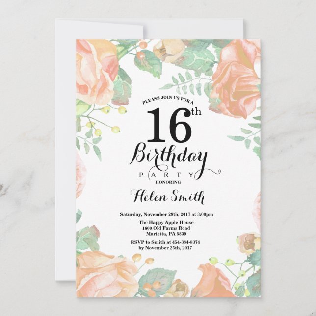 Invitación de cumpleaños número 16 con flores botá (Anverso)