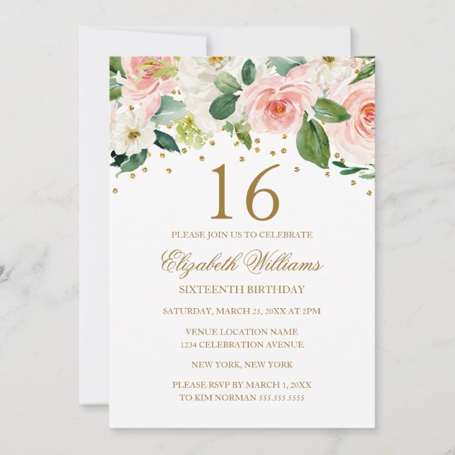 Invitación de cumpleaños número 16 con flores en a (Anverso)