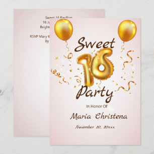Invitación de cumpleaños número 16 con globos Gold