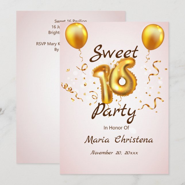 Invitación de cumpleaños número 16 con globos Gold (Anverso / Reverso)