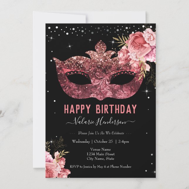 Invitación de cumpleaños número 16 con máscara (Anverso)