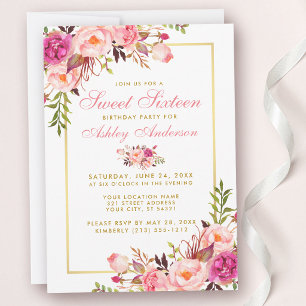 Invitación de cumpleaños número 16 con toque flora