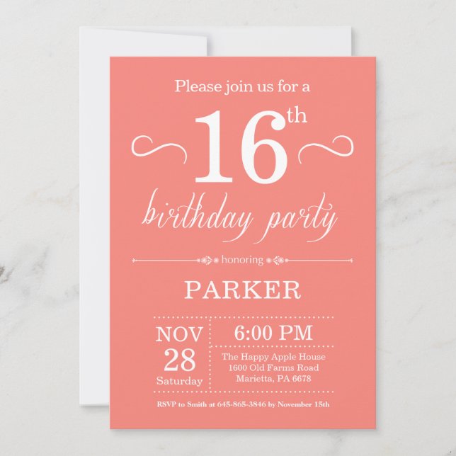 Invitación de cumpleaños número 16 Coral (Anverso)