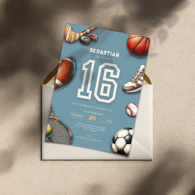 Invitación de cumpleaños número 16 de All Star Spo (All Star Sports 16th birthday invitation for boys)