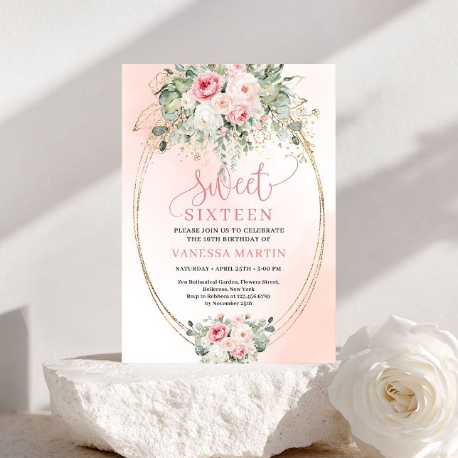 Invitación de cumpleaños número 16 de lujo rosa fl (Luxury Blush Floral Gold Sweet 16 Birthday Invite)