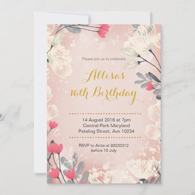 Invitación de cumpleaños número 16 de Pink Floral  (Anverso)