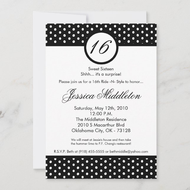 Invitación de cumpleaños número 16 de punto de pol (Anverso)