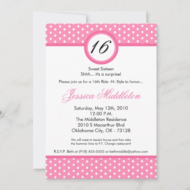 Invitación de cumpleaños número 16 de punto de pol (Anverso)