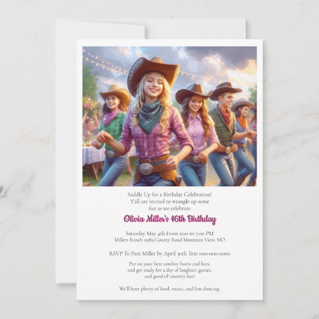 Invitación de cumpleaños número 16 de vaquera occi (Anverso)