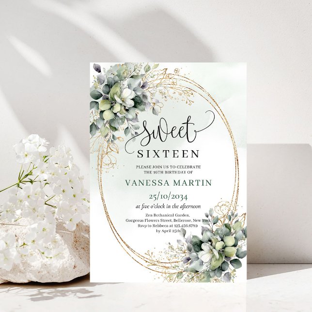 Invitación de cumpleaños número 16 dulce con acuar (Botanical Watercolor Sweet 16 Birthday Invitation)