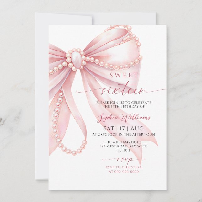 Invitación de cumpleaños número 16 dulce con lazo  (Anverso)