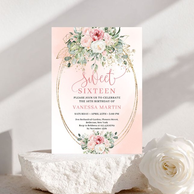 Invitación de cumpleaños número 16 dulce y elegant (Printable Blush and Gold Sweet 16 Party Invitation)
