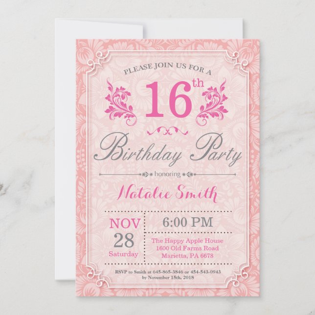 Invitación de cumpleaños número 16 floral rosa par (Anverso)