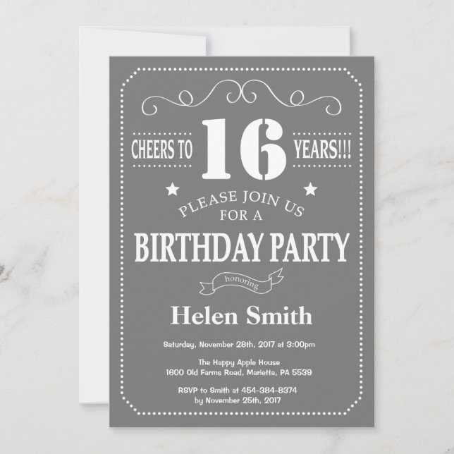 Invitación de cumpleaños número 16 gris y blanco (Anverso)